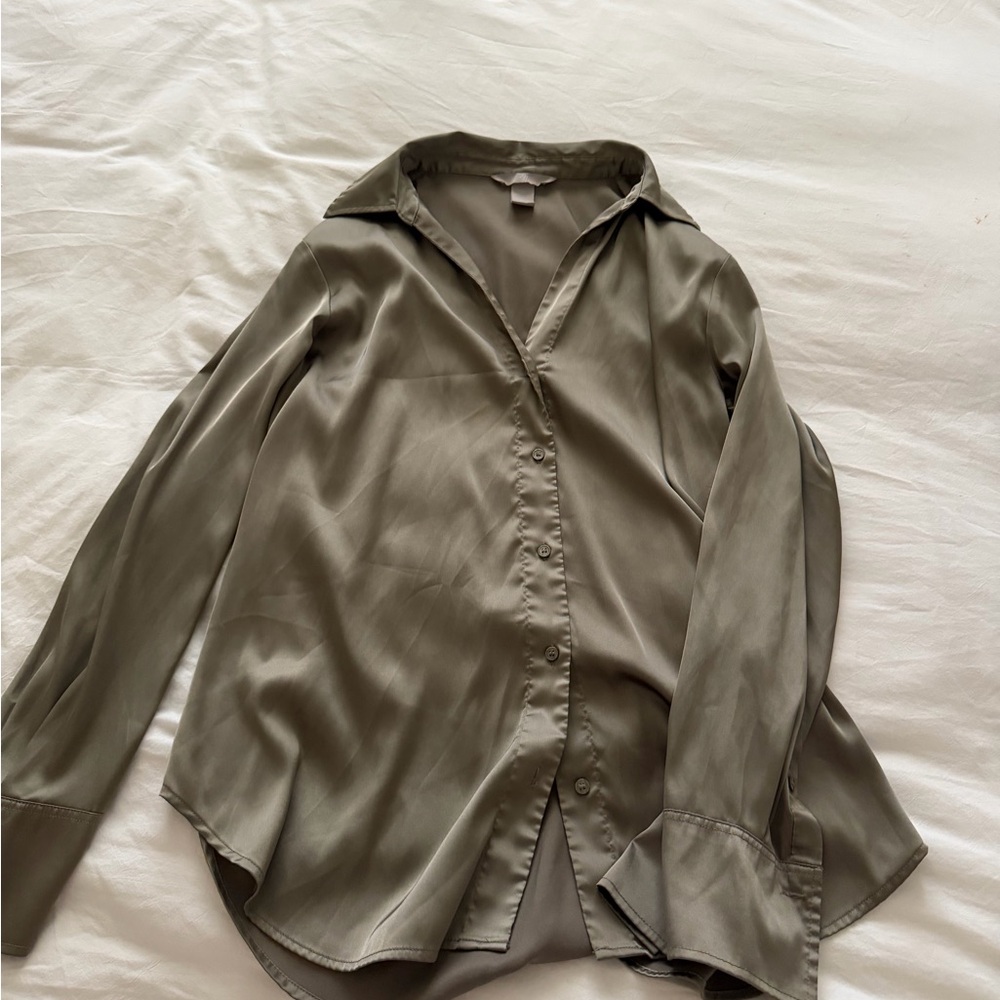 H&M Satin Olive Green Button-Up Blouse